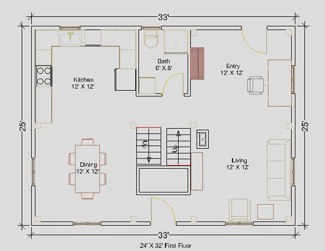 24'x32' Cape First Floor Floorplan